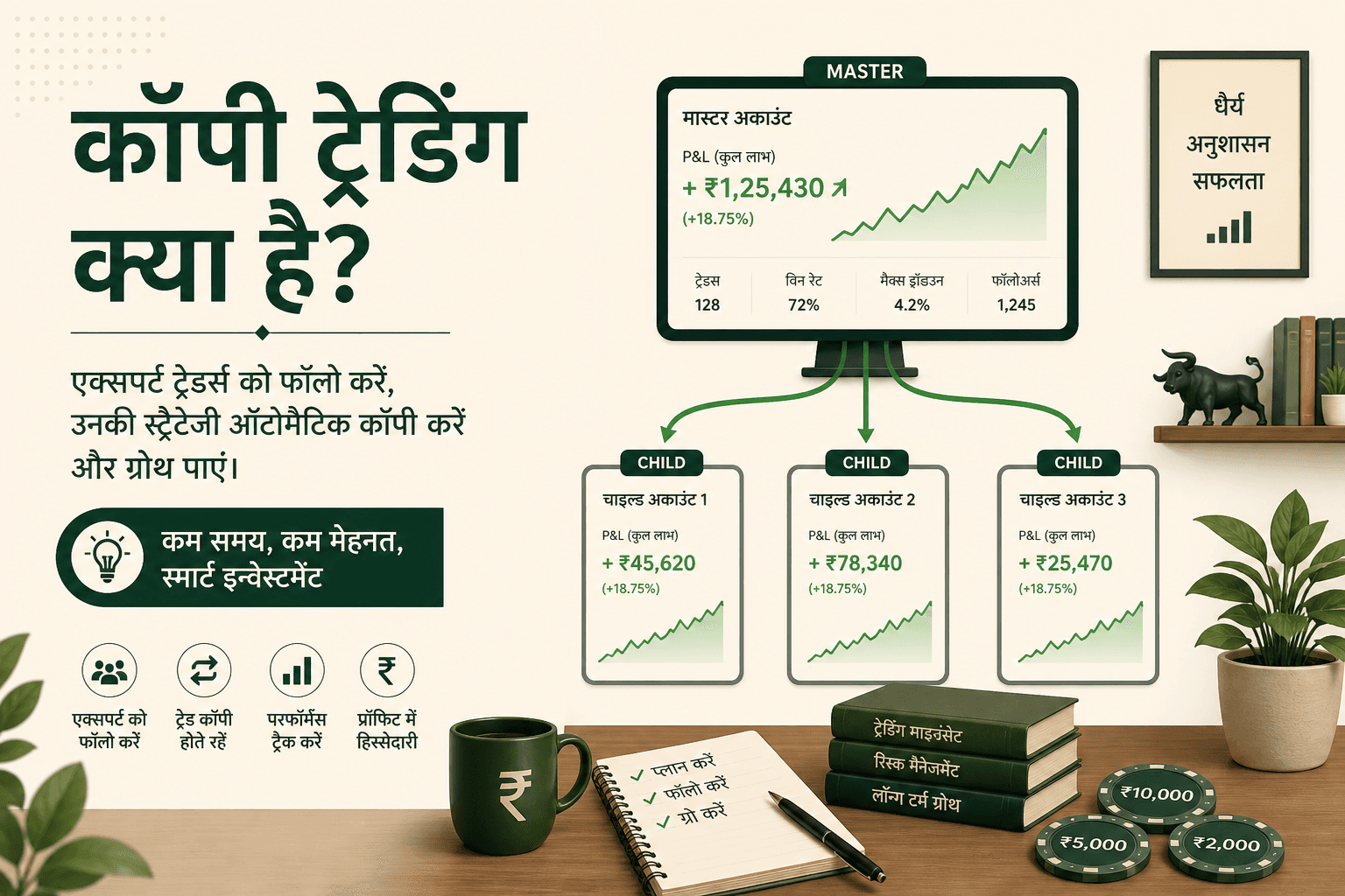 मास्टर ट्रेडिंग स्क्रीन से हरे प्रॉफिट कर्व के साथ तीन चाइल्ड खातों तक ऑर्डर जाते हुए