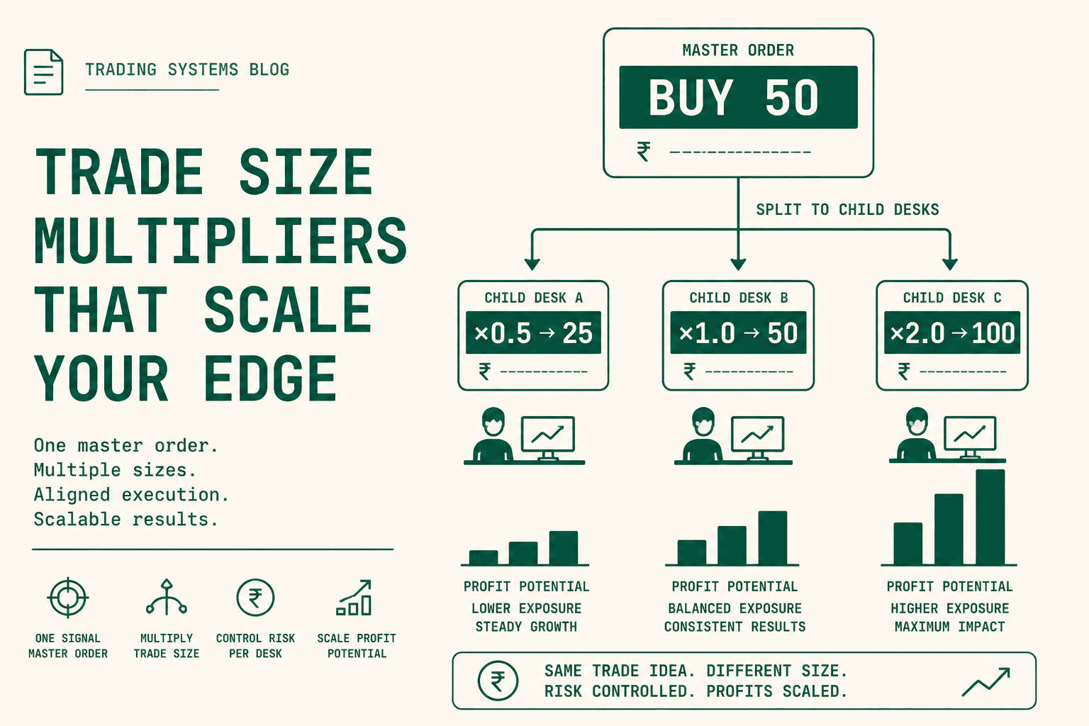 Master buy of 50 splitting to child desks at ×0.5, ×1.0, and ×2.0 with growing profit bars